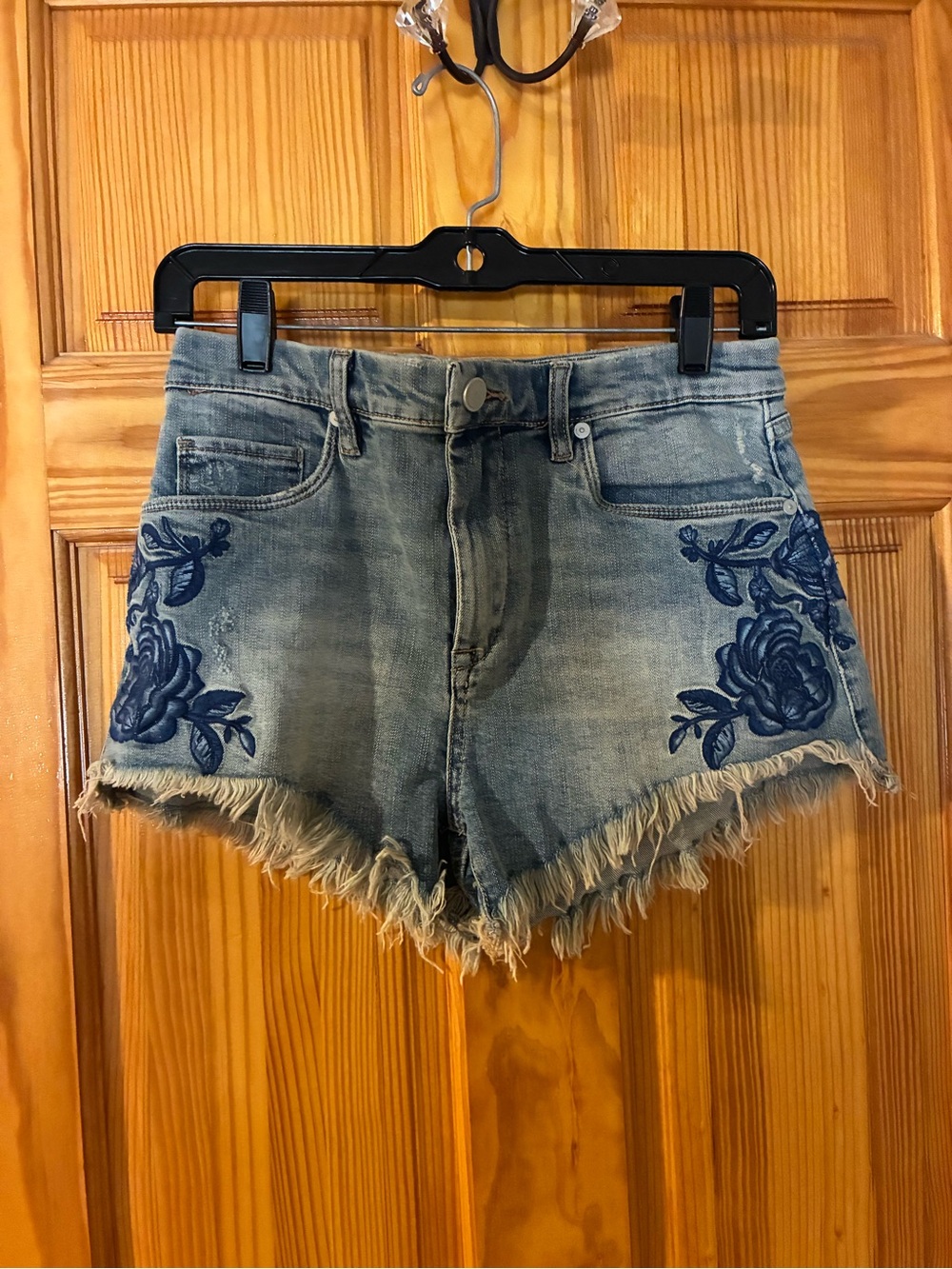 Blank NYC Light Blue Denim Shorts with Blue Floral Embroidery